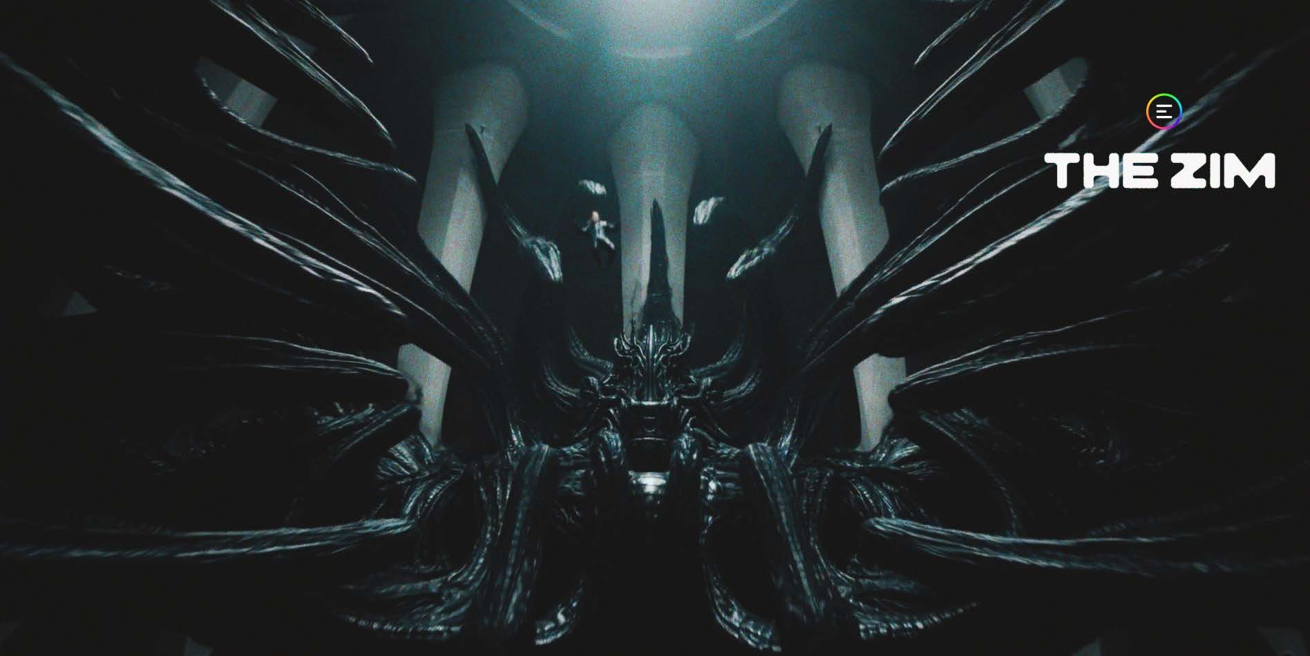 A strongly mirror-symmetric, very dark interior of a vast cathedral-like chamber. A colossal biomechanical creature with a horned, crowned head sits at centre, its dozens of long black blade-like spines and tendrils swee